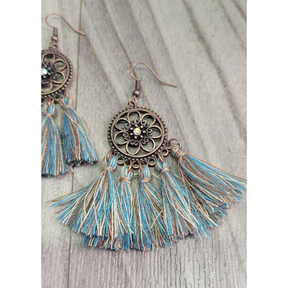 Bohemian Tassel Dangle Earrings Teal Bronze Vintage Party Jewelry - Picture 2 of 3